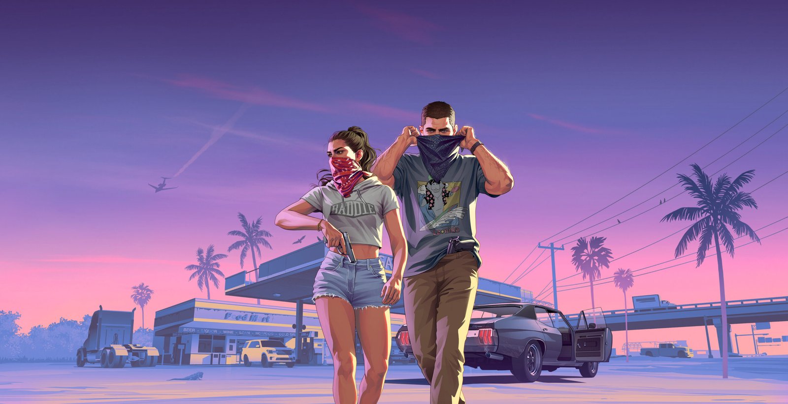 GTA 6 공식 키아트, 주인공 루시아와 제이슨이 주유소 앞에서 복면을 쓰는 장면