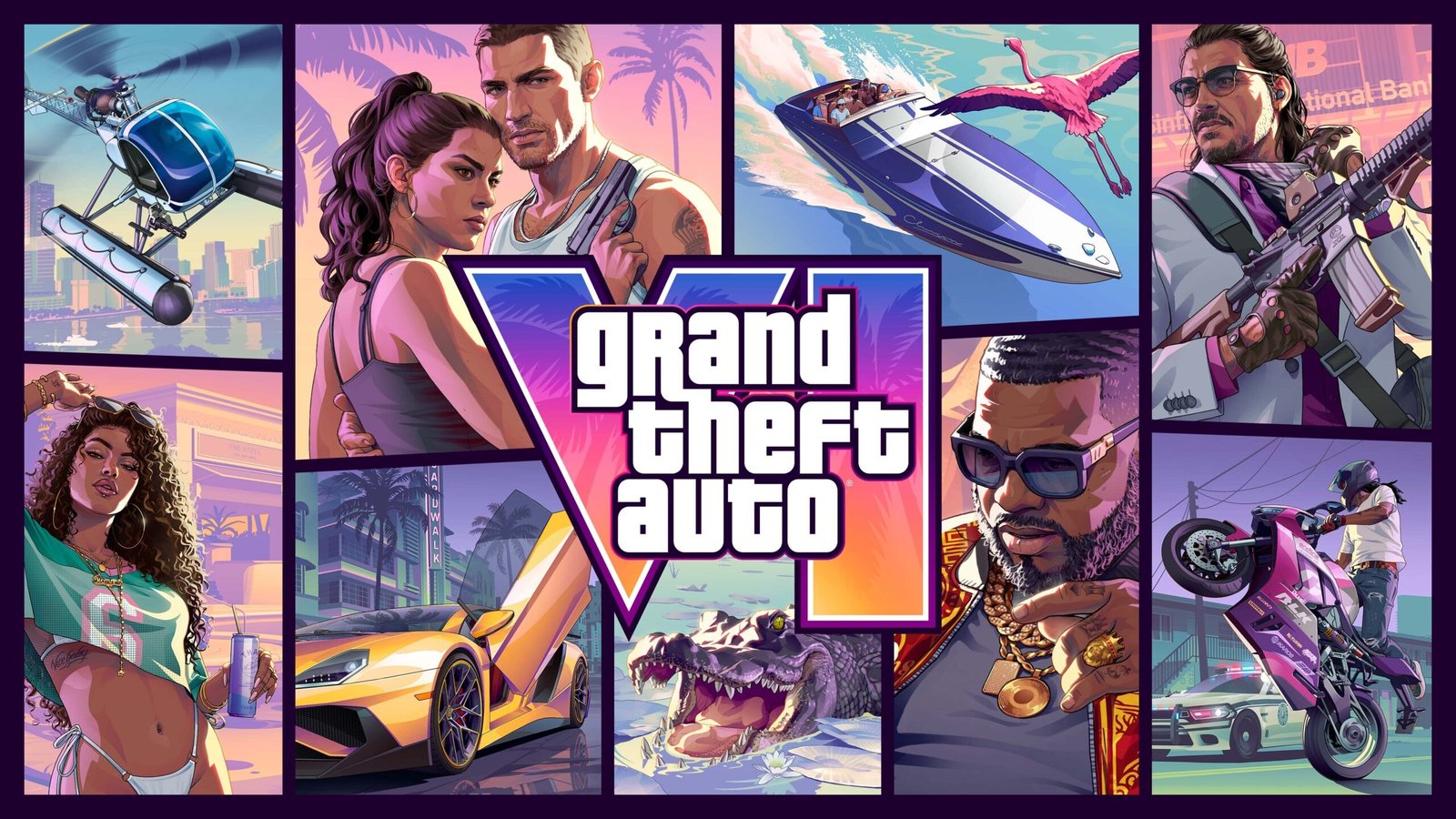 GTA 6 예약 판매 공지에 실린 공식 아트워크, 등장인물과 차량·보트가 담긴 콜라주